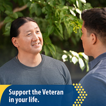 A Veteran sitting talking to a friend in a park with text that reads support the Veteran in your life.