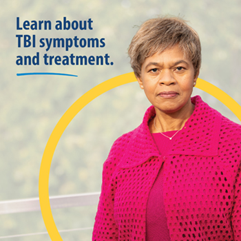 A Veteran standing outside by a railing. The text reads, “Learn about TBI symptoms and treatment.”