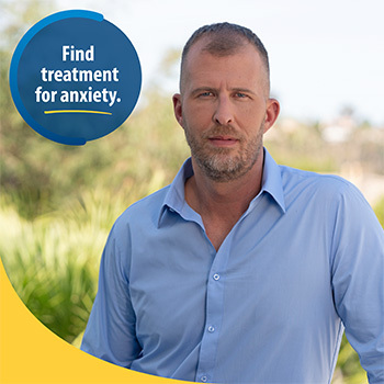 A Veteran standing outside looking into the camera. The text reads, “Find treatment for anxiety.”