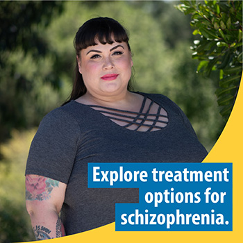  A Veteran standing on a nature trail looking into the camera. The text reads, “Explore treatment options for schizophrenia.”