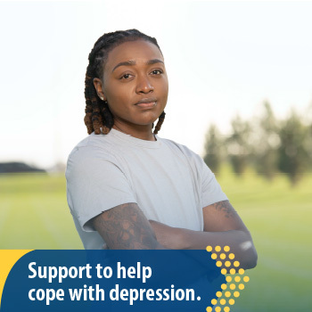 [Alt text:] A Veteran standing outside in a sports field with their arms folded. The text reads, “Support to help cope with depression.”