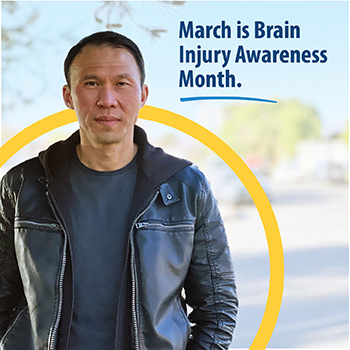 A Veteran standing outside and looking ahead. Text on the image reads: March is Brain Injury Awareness Month. 