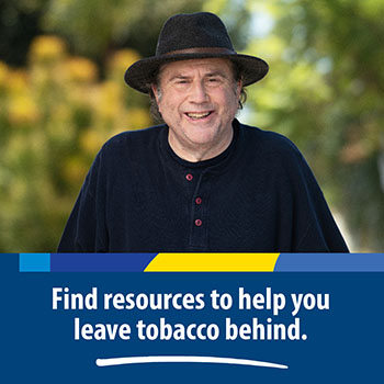 A Veteran standing outdoors with text that reads, “Find resources to help you leave tobacco behind.” 
