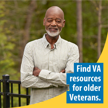 A Veteran standing outside. The text in front of them reads “find VA resources for older Veterans”