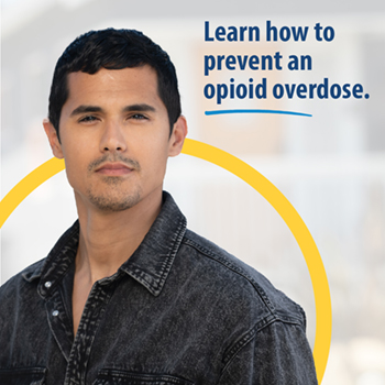 A photo of a Veteran standing outside. The text reads, “Learn how to prevent an opioid overdose.”