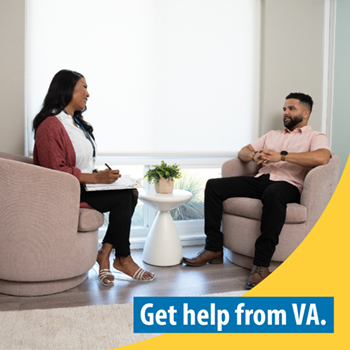 A Veteran sitting down with a provider at an appointment. The text reads, “Get help from VA.”