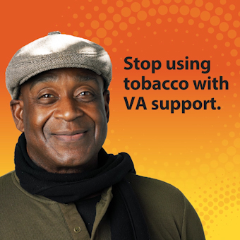 A Veteran in front of a organge background with text that reads, Stop using tobacco with VA support.