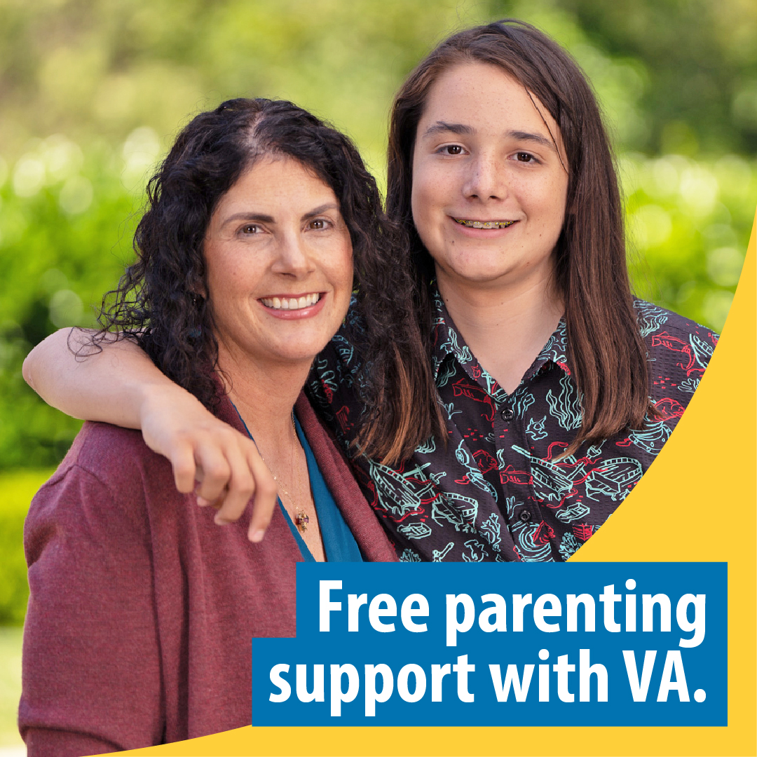 Mother and Daughter smiling with text that reads: Free parenting support with VA