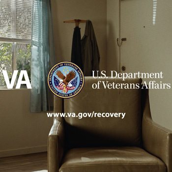 A room with chair and window. VA logo overlay with text that reads: www.va.gov/recovery