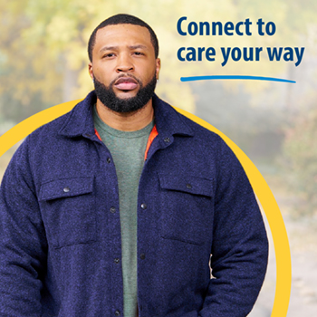 Veteran standing in a driveway. Text reads: Connect to care your way.