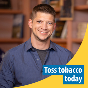 A Veteran standing in front of a book shelf. Text reads: Toss tobacco today.