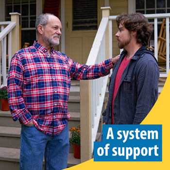 An older man with his hand on the shoulder of a younger Veteran. Text reads: A system of support.