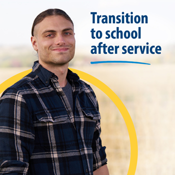 A Veteran standing in a field. Text reads: Transition to school after service.