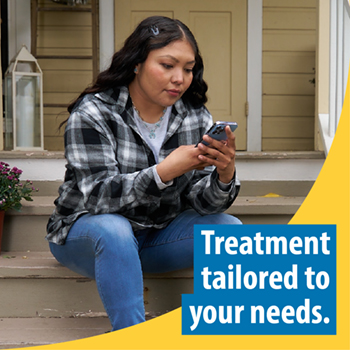 A Veteran accessing care on her cellphone while sitting on her front steps. Text reads: Treatment tailored to your needs.